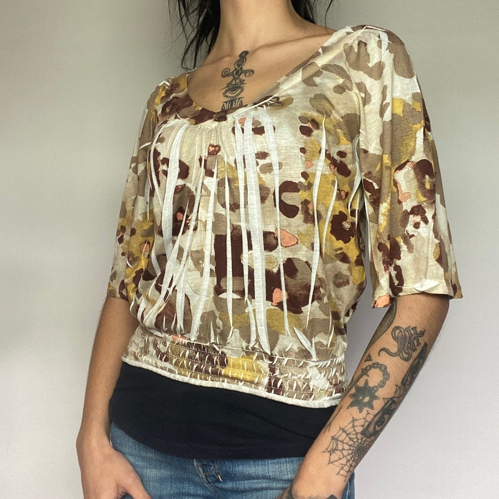 Y2K Cheetah Brown Cream Fitted Ruched Bell 3/4 Sleeve Clubbing Blouse Sz XS